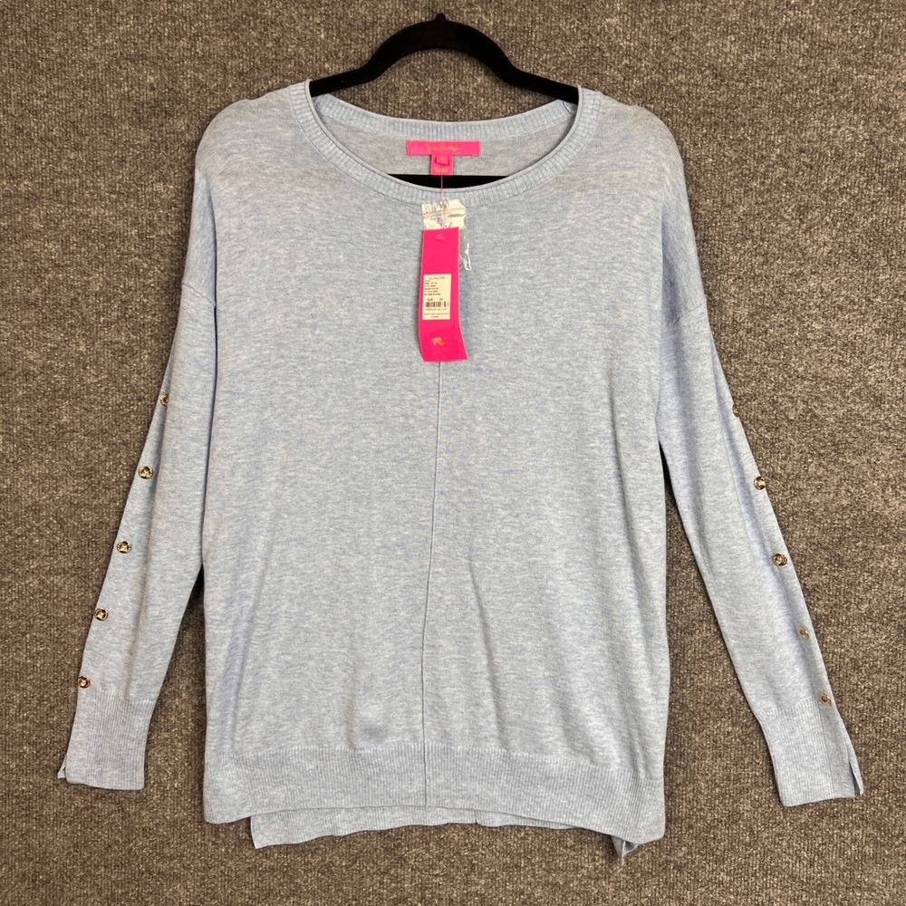 NEW $138 Lilly Pulitzer Melenie Blue Button Sleeve Crewneck Sweater XS